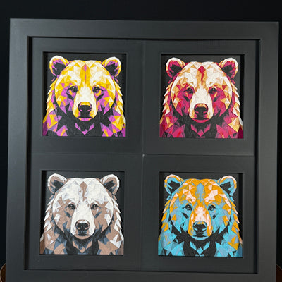 Four-panel framed geometric capybara layered 3D art set showing the Bear design in Heritage, Crimson Ice, Royal Gold, and Teal Orange color palettes inside a charcoal matte four-pack display frame.