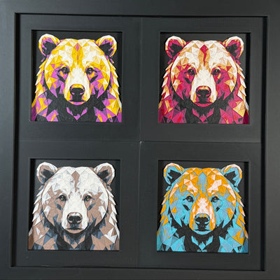 Four-panel framed geometric capybara layered 3D art set showing the Bear design in Heritage, Crimson Ice, Royal Gold, and Teal Orange color palettes inside a charcoal matte four-pack display frame.