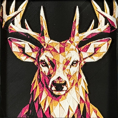Framed geometric Buck deer layered 3D art piece featuring a front-facing buck design with a rich Royal Gold color palette and vibrant colorful antlers.