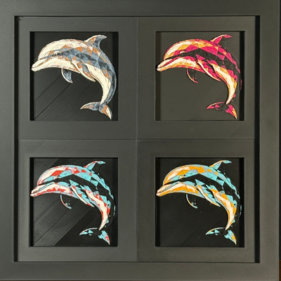 Four-panel framed geometric dolphin layered 3D art set showing the dolphin design in Heritage, Crimson Ice, Royal Gold, and Teal Orange color palettes inside a charcoal matte four-pack display frame.