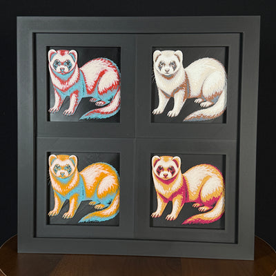 Four-panel framed geometric ferret layered art set showing the same standing ferret design in four WTX3D color palettes, arranged in a charcoal black 2x2 frame with detailed fur texture, long curved tail, and high-contrast layered color.