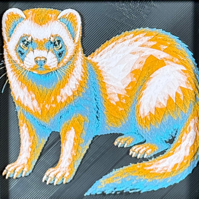 Geometric ferret framed layered 3D art in Royal Gold color palette, featuring a ferret portrait with gold, blue, white, and black layered details inside a charcoal matte display frame.