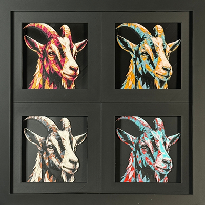 Four-panel framed geometric goat layered 3D art set showing the goat design in Heritage, Crimson Ice, Royal Gold, and Teal Orange color palettes inside a charcoal matte four-pack display frame.