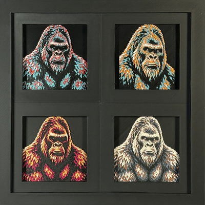 Four-panel framed geometric gorilla layered 3D art set showing the gorilla design in Heritage, Crimson Ice, Royal Gold, and Teal Orange color palettes inside a charcoal matte four-pack display frame.