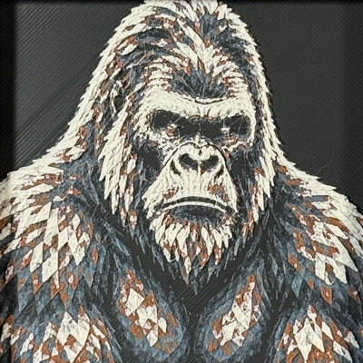 Geometric gorilla framed layered 3D art in Heritage color palette, featuring a bold gorilla portrait with soft white, gray, black, and neutral brown layered details inside a charcoal matte display frame.
