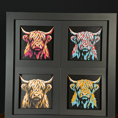 Four-panel framed geometric highland cow layered 3D art set showing the highland cow design in Heritage, Crimson Ice, Royal Gold, and Teal Orange color palettes inside a charcoal matte four-pack display frame.