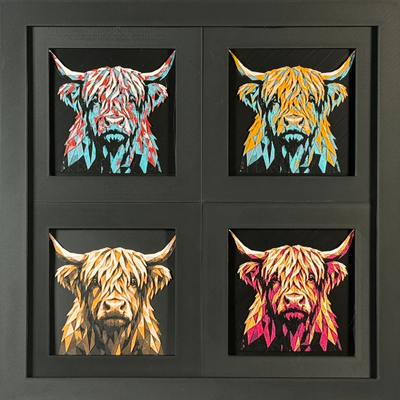 Four-panel framed geometric highland cow layered 3D art set showing the highland cow design in Heritage, Crimson Ice, Royal Gold, and Teal Orange color palettes inside a charcoal matte four-pack display frame.