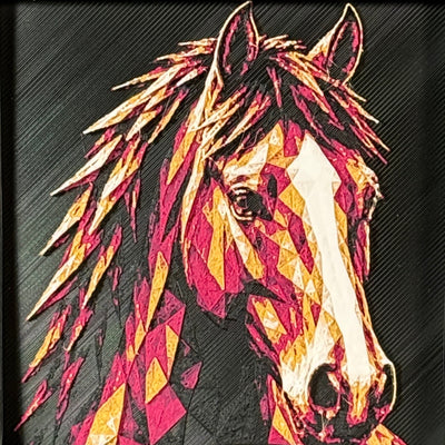 Geometric horse framed layered 3D art in Royal Gold color palette, featuring a bold horse portrait with gold, blue, black, and white layered details inside a charcoal matte display frame.