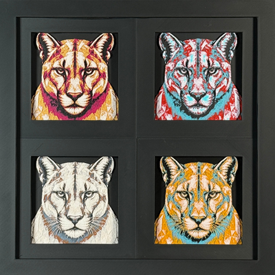 Four-panel framed geometric mountain lion layered 3D art set showing the mountain lion design in Heritage, Crimson Ice, Royal Gold, and Teal Orange color palettes inside a charcoal matte four-pack display frame.