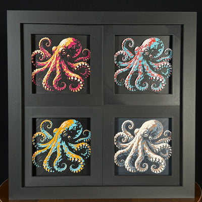 Four-panel framed geometric octopus layered 3D art set showing the octopus design in Heritage, Crimson Ice, Royal Gold, and Teal Orange color palettes inside a charcoal matte four-pack display frame.