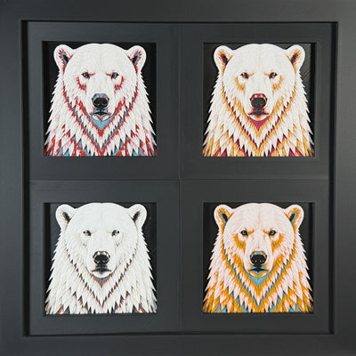 Four-panel framed geometric Polar Bear layered 3D art set showing the Polar Bear design in Heritage, Crimson Ice, Royal Gold, and Teal Orange color palettes inside a charcoal matte four-pack display frame.
