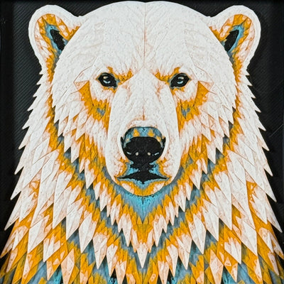 Framed geometric polar bear layered 3D art piece featuring a stylized white bear design with a bright Teal Orange color palette background.