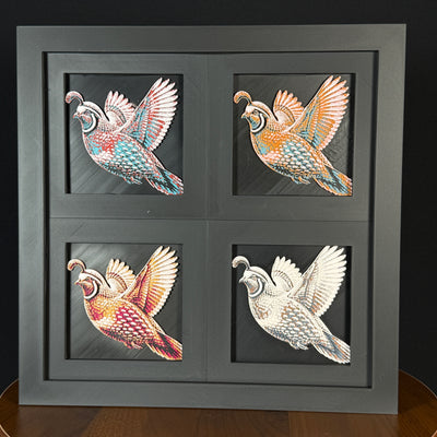 Four-panel framed geometric quail layered art set showing the same quail design in four WTX3D color palettes, arranged in a charcoal black 2x2 frame with detailed feather texture, raised wings, and high-contrast layered color.