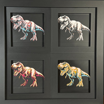 Four-panel framed geometric T-Rex layered 3D art set showing the Triceratops design in Heritage, Crimson Ice, Royal Gold, and Teal Orange color palettes inside a charcoal matte four-pack display frame.