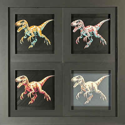 Four-panel framed geometric Velociraptor layered 3D art set showing the Velociraptor design in Heritage, Crimson Ice, Royal Gold, and Teal Orange color palettes inside a charcoal matte four-pack display frame.