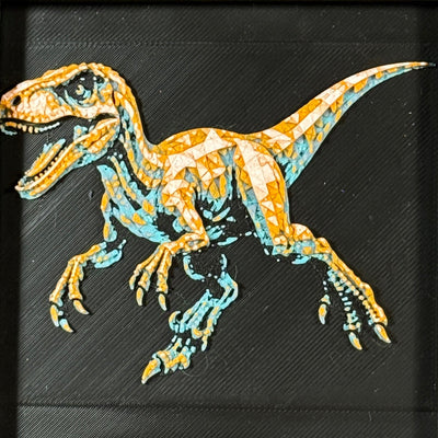 Framed geometric Velociraptor layered 3D art piece featuring a stylized dinosaur design in a rich Royal Gold color palette with Teal Orange