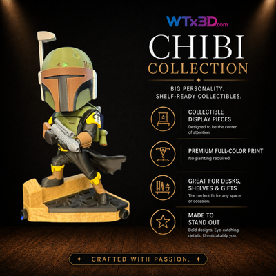 Armored bounty hunter chibi figure, professionally 3D printed collectible display piece by WTx3D.