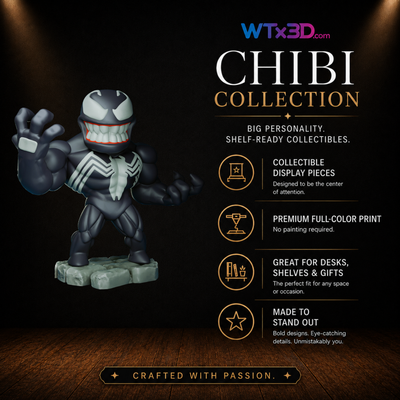 Black symbiote chibi figure, professionally 3D printed collectible display piece by WTx3D.