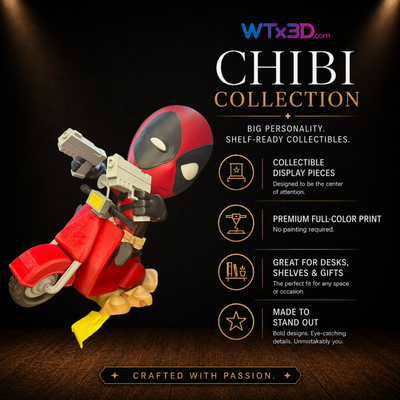 Masked Red Rider chibi figure displayed on a red scooter, professionally 3D printed collectible with premium shelf-ready finish by WTx3D.