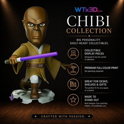 Purple saber master chibi figure, professionally 3D printed collectible display piece by WTx3D.