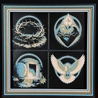 Four-panel framed faith layered 3D art featuring Christian symbols with sacred crosses, spiritual motifs, and blue, gold, black, and white layered accents in a framed 200mm faith display.