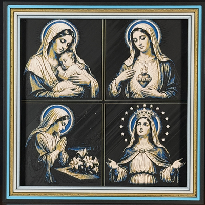 Four-panel framed faith layered 3D art featuring Marian devotion imagery with Mary and child, Immaculate Heart, prayer with lilies, and crowned Mary with halo and stars, accented with blue, gold, black, and white layered details in a framed 200mm faith display.