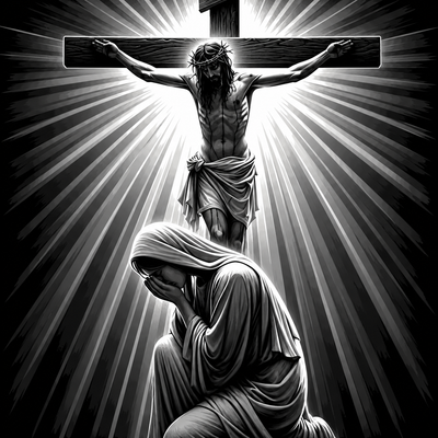 Framed 3D layered art piece featuring Jesus on the cross with a grieving figure beneath in dramatic black and white Christian artwork.