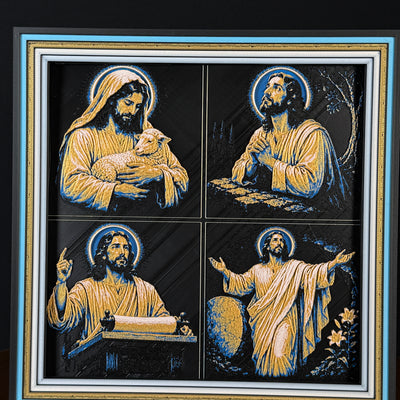 WTx3D FAITH Jesus Ministry Gold four panel framed layered art image featuring four coordinated Jesus-inspired Christian ministry scenes in one framed faith art display.