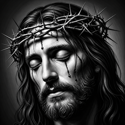 Framed 3D layered art piece featuring a close-up portrait of Jesus wearing the crown of thorns before the cross in dramatic black and white Christian artwork.