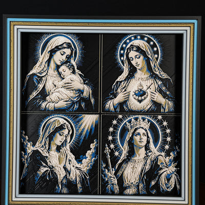 WTx3D FAITH Marian Prayer four panel framed layered art image featuring four Mary-inspired Christian prayer portraits in one framed faith art display.