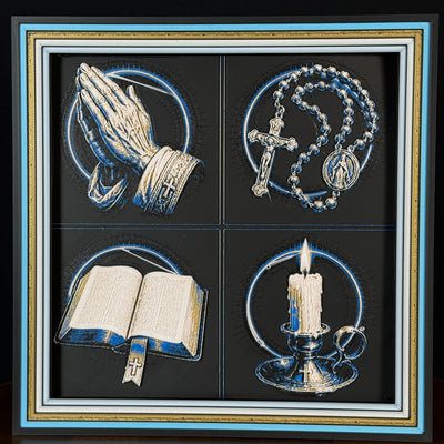 WTx3D FAITH Prayer Symbols four panel framed layered art image featuring praying hands, rosary, Bible, and candle symbols in one framed faith art display.