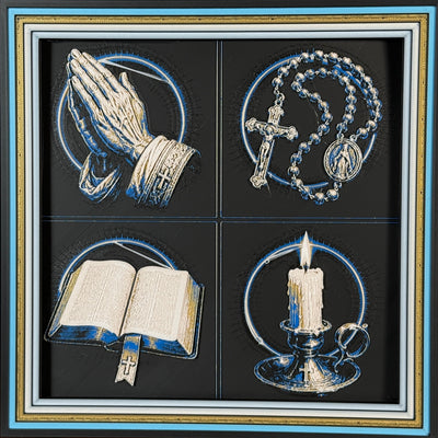 WTx3D FAITH Prayer Symbols four panel framed layered art image featuring praying hands, rosary, Bible, and candle symbols in one framed faith art display.