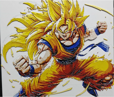 Framed 3D layered art piece from image_82c77a.png featuring a dynamic illustration of a powerful spiky-haired anime hero character with vibrant yellow-gold hair charging a blue and white energy attack in his hands, wearing a classic orange martial arts gi against a light background.