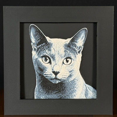 Framed 3D layered art piece featuring a highly detailed, textured portrait of a Russian Blue cat with large erect ears, alert eyes, and a sleek grey coat.