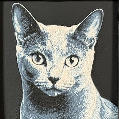 Framed 3D layered art piece featuring a highly detailed, textured portrait of a Russian Blue cat with large erect ears, alert eyes, and a sleek grey coat.