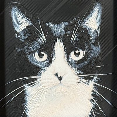 Framed 3D layered art piece featuring a highly detailed, textured portrait of a Tuxedo cat with alert, expressive eyes and a classic black and white coat pattern.