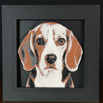 Framed 3D layered art piece featuring a highly detailed, textured portrait of a Beagle dog with floppy brown ears, expressive eyes, and a classic tricolor coat pattern.
