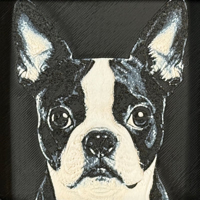 Framed 3D layered art piece featuring a highly detailed, textured portrait of a Boston Terrier dog with large erect ears, prominent round eyes, and a classic black and white coat pattern.