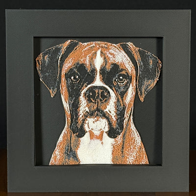 Framed 3D layered art piece featuring a highly detailed, textured portrait of a Boxer dog with floppy ears, expressive eyes, and a distinctive brown and white coat pattern.