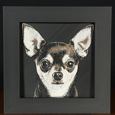 Framed 3D layered art piece featuring a highly detailed, textured portrait of a Chihuahua dog with large erect ears, large expressive eyes, and a black, tan, and white coat pattern.