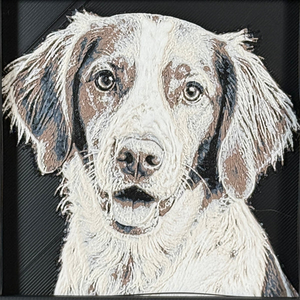 Framed 3D layered art piece featuring a highly detailed, textured portrait of a Cocker Spaniel dog with long floppy ears, a spotted coat pattern, and an alert, happy expression.