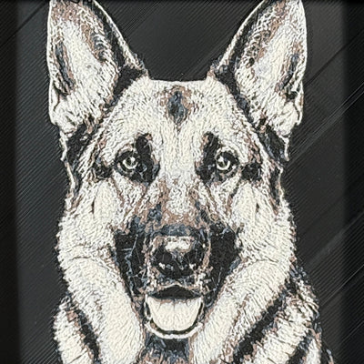 Framed 3D layered art piece featuring a highly detailed, textured portrait of a German Shepherd dog with erect pointed ears, alert eyes, and a classic black and tan coat pattern.