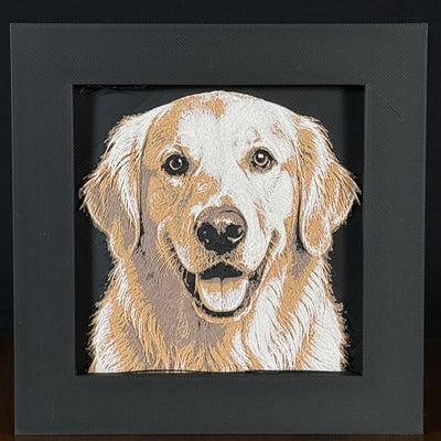 Framed 3D layered art piece featuring a highly detailed, textured portrait of a Golden Retriever dog with a happy, open-mouthed expression, floppy ears, and a classic golden coat.