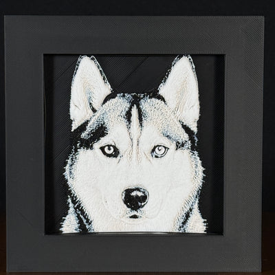 Framed 3D layered art piece featuring a highly detailed, textured portrait of a Husky dog with erect pointed ears, piercing alert eyes, and a classic black and white coat pattern.