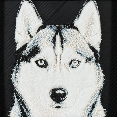 Framed 3D layered art piece featuring a highly detailed, textured portrait of a Husky dog with erect pointed ears, piercing alert eyes, and a classic black and white coat pattern.