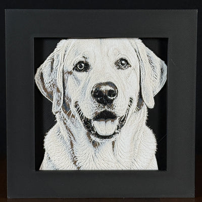 Framed 3D layered art piece featuring a highly detailed, textured portrait of a Yellow Labrador dog with a happy, open-mouthed expression, floppy ears, and bright, expressive eyes.
