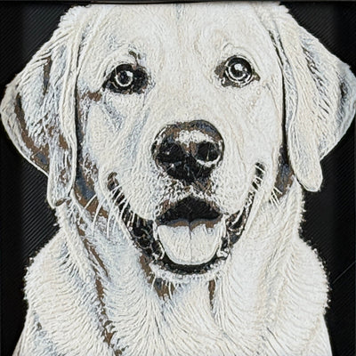 Framed 3D layered art piece featuring a highly detailed, textured portrait of a Yellow Labrador dog with a happy, open-mouthed expression, floppy ears, and bright, expressive eyes.