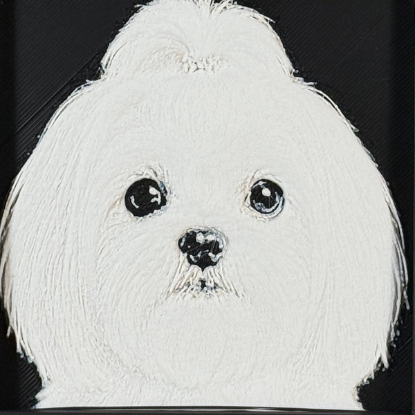 Framed 3D layered art piece featuring a highly detailed, textured portrait of a Maltese dog with dark expressive eyes, a fluffy topknot, and a classic white coat.