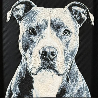 Framed 3D layered art piece featuring a highly detailed, textured portrait of a Pitbull dog with semi-erect ears, alert eyes, and a distinctive grey and white coat pattern.