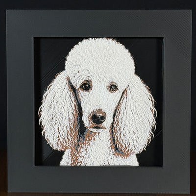 Framed 3D layered art piece featuring a highly detailed, textured portrait of a Poodle dog with long curly ears, alert eyes, and a classic white coat.